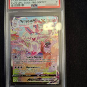 PSA mint 9 slab containing a 2021 Pokemon SWSH Nymphali VMAX card with holographic artwork (Evolving Skies – Secret).