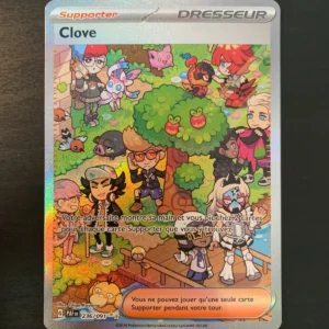 Pokémon card front titled 'Clove' with a colorful garden scene and holographic border, showing multiple characters and creatures.