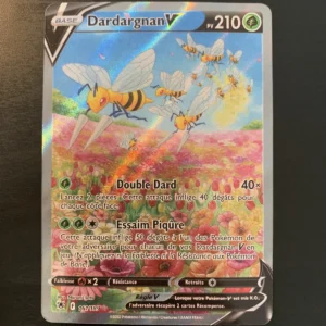 Dardargnan-V Pokémon card, 210 HP, bee-themed illustration with multiple yellow bees on a colorful field.