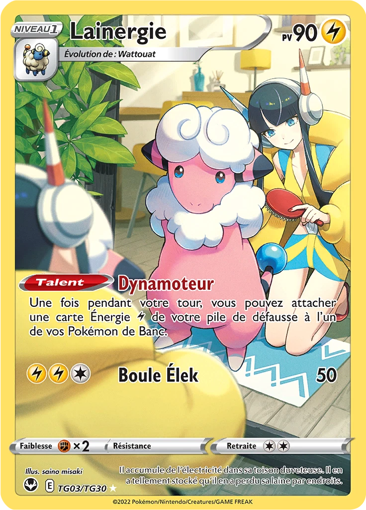 French Pokémon card: Lainergie, stage 1 evolution of Wattouat, HP 90, with move Boule Élek (50) and talent Dynamoteur.