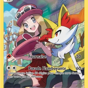 Pokémon card showing Roussil with a cheerful trainer and a fiery fox partner, HP 90, two attacks: Fournase and Parade Flamboyante.