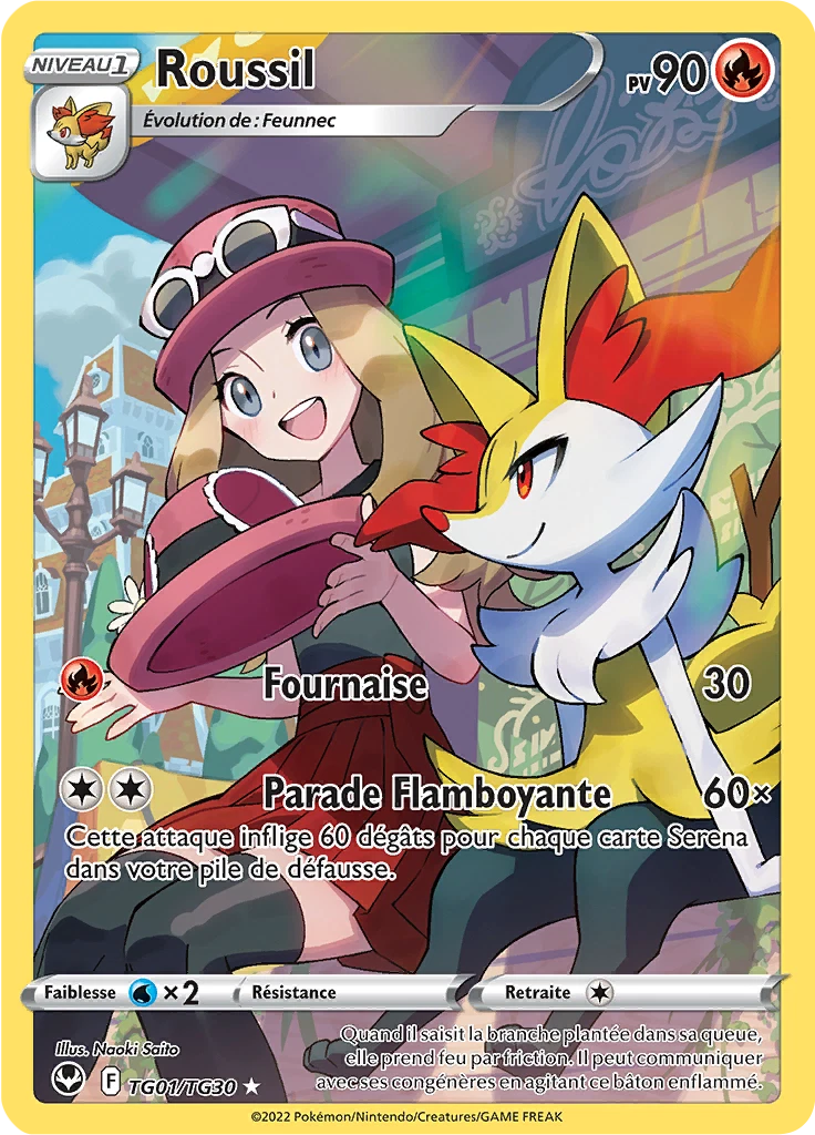 Pokémon card showing Roussil with a cheerful trainer and a fiery fox partner, HP 90, two attacks: Fournase and Parade Flamboyante.