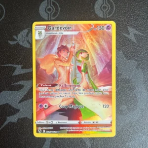 Gardevoir Pokémon card with 150 HP, artwork of a trainer and Gardevoir in a glowing scene, moves Raffinement and Coup Magique 120 (French card).