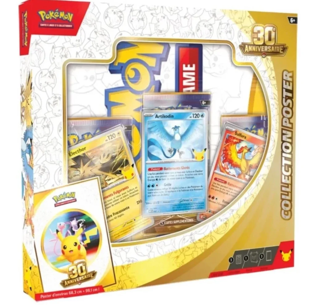 Coffret Poster 30e Anniversaire FR 2026 Pikachu Oiseaux Légendaires JM Cards
