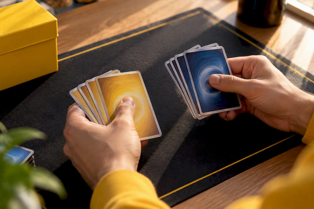 1790779505976Joueurcomparantdeuxdecksdecartes JM Cards Un joueur compare deux paquets de cartes