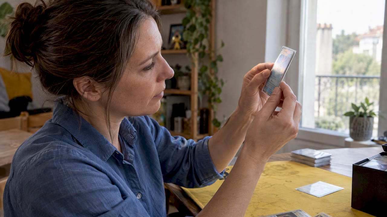 Collectionneuse examinant une carte sous lumière rasante